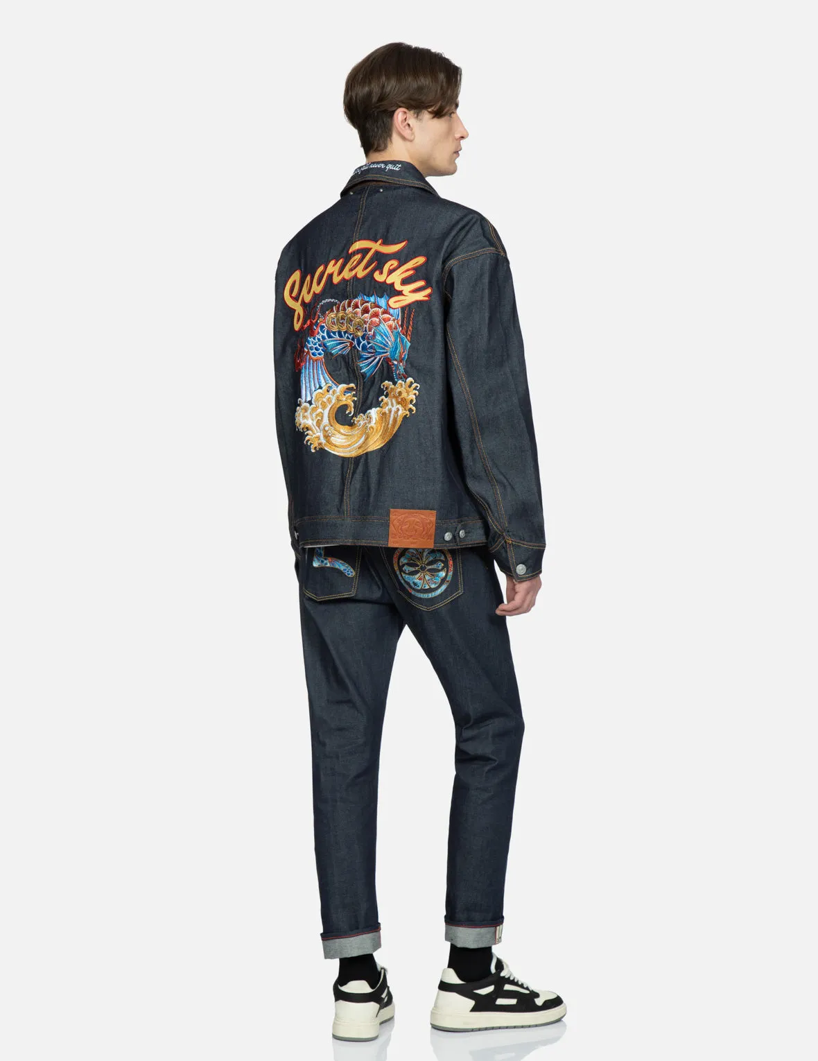 Koi Playing In Waves Embroidery Denim Jacket