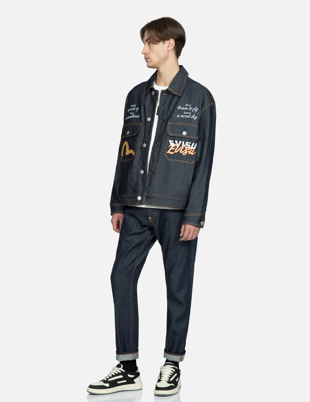 Koi Playing In Waves Embroidery Denim Jacket