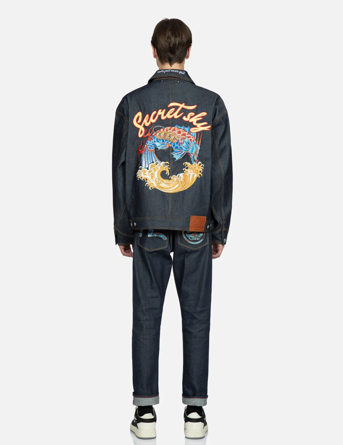 Koi Playing In Waves Embroidery Denim Jacket