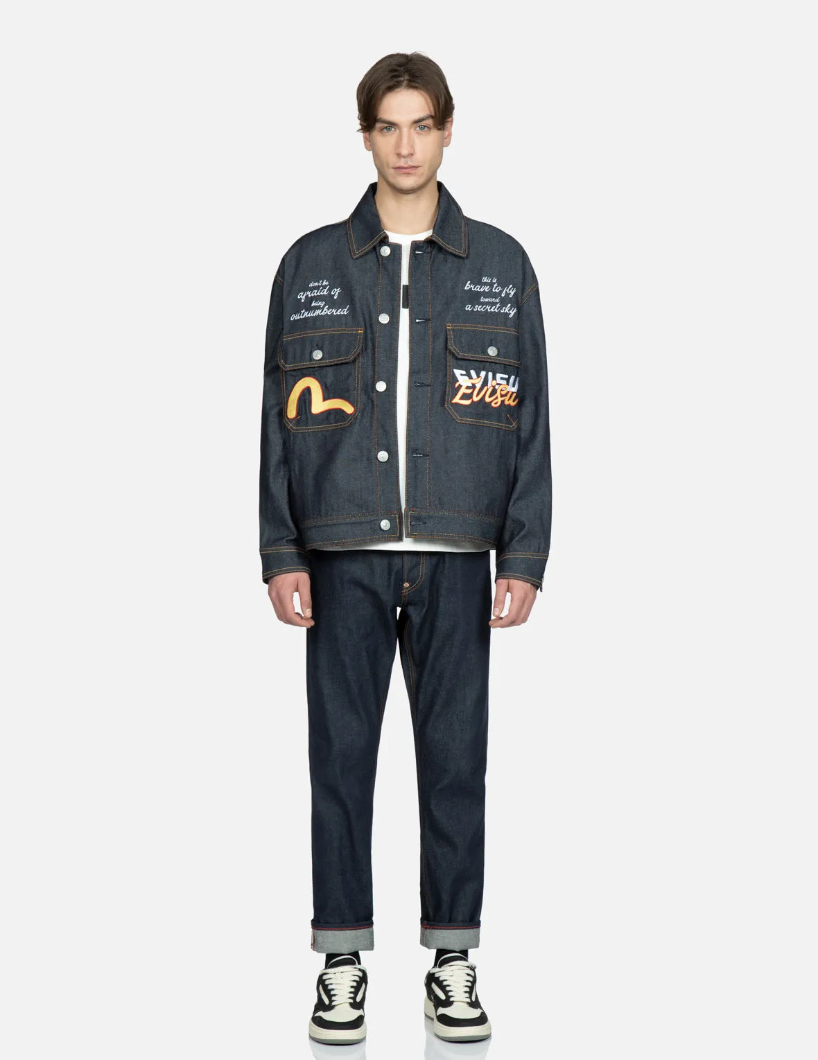 Koi Playing In Waves Embroidery Denim Jacket