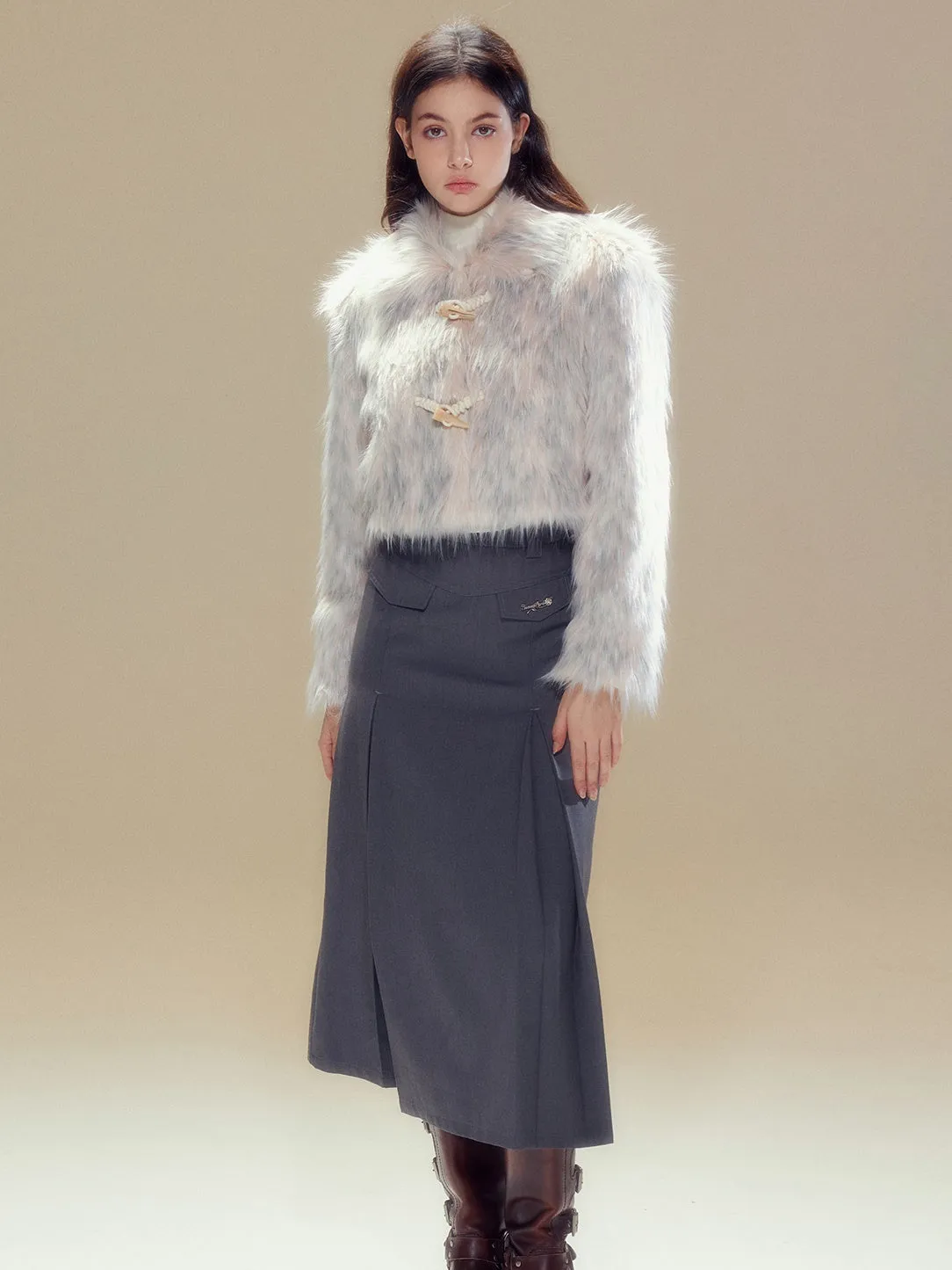 Long Hair Horn Button Friendly Fur Jacket & Box Pleated Skirt