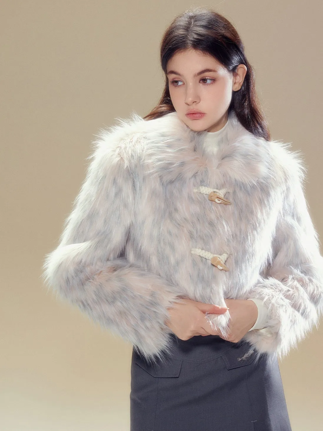 Long Hair Horn Button Friendly Fur Jacket & Box Pleated Skirt