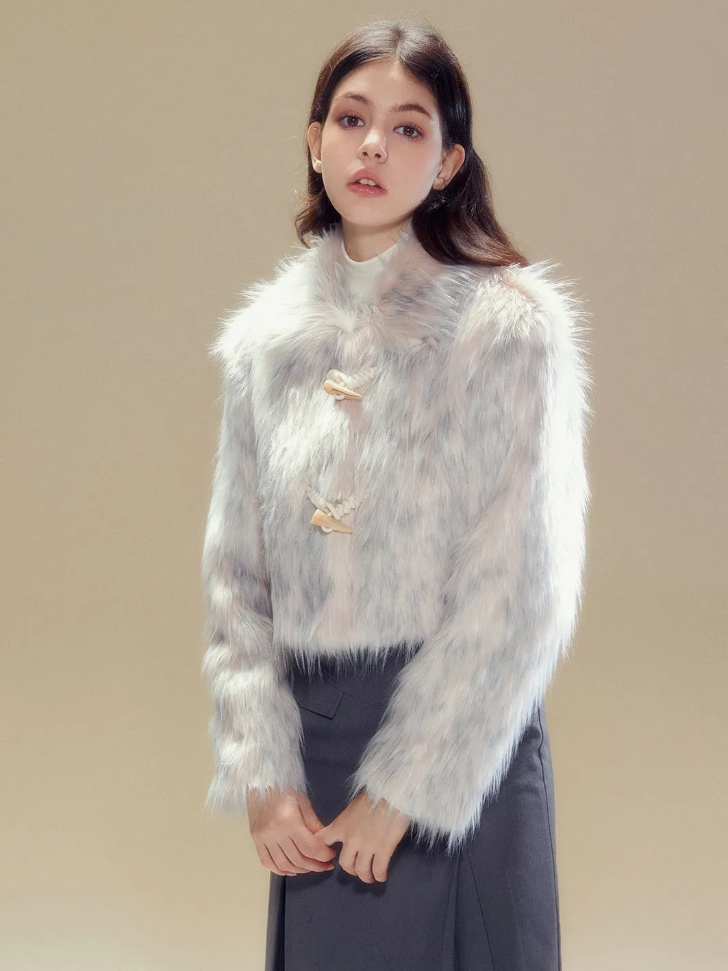 Long Hair Horn Button Friendly Fur Jacket & Box Pleated Skirt