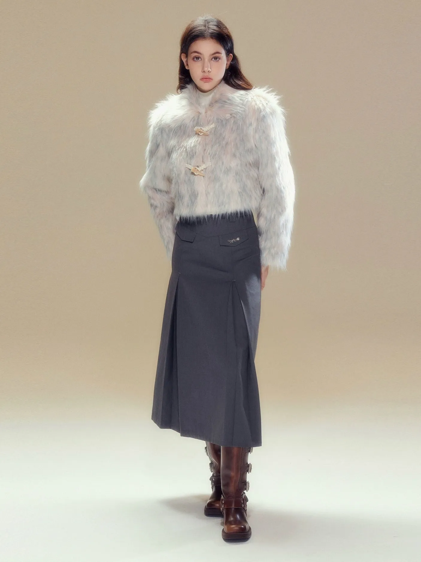 Long Hair Horn Button Friendly Fur Jacket & Box Pleated Skirt