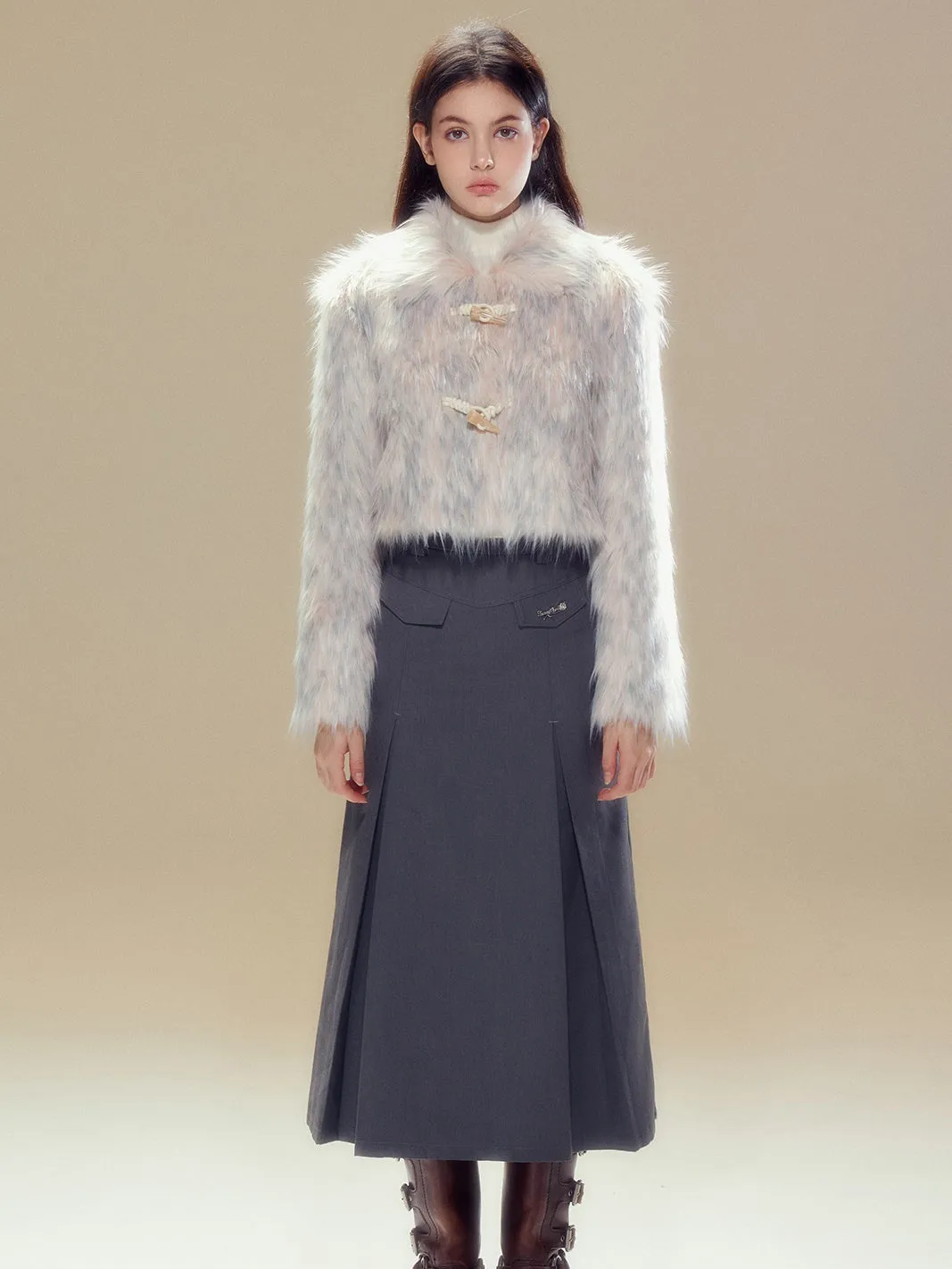 Long Hair Horn Button Friendly Fur Jacket & Box Pleated Skirt