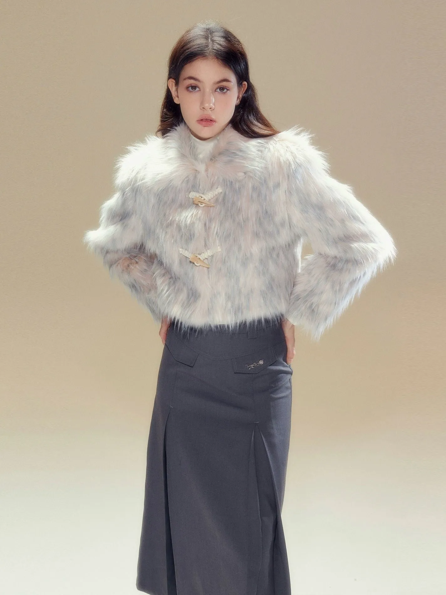 Long Hair Horn Button Friendly Fur Jacket & Box Pleated Skirt