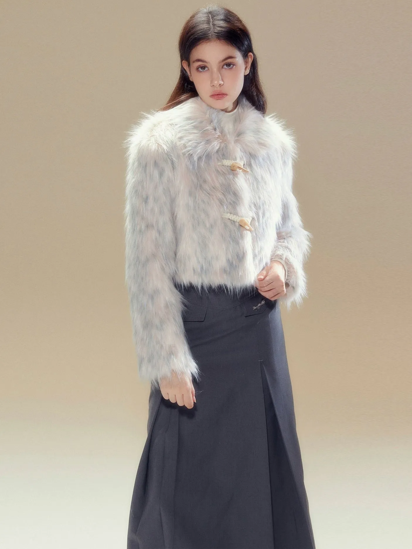 Long Hair Horn Button Friendly Fur Jacket & Box Pleated Skirt