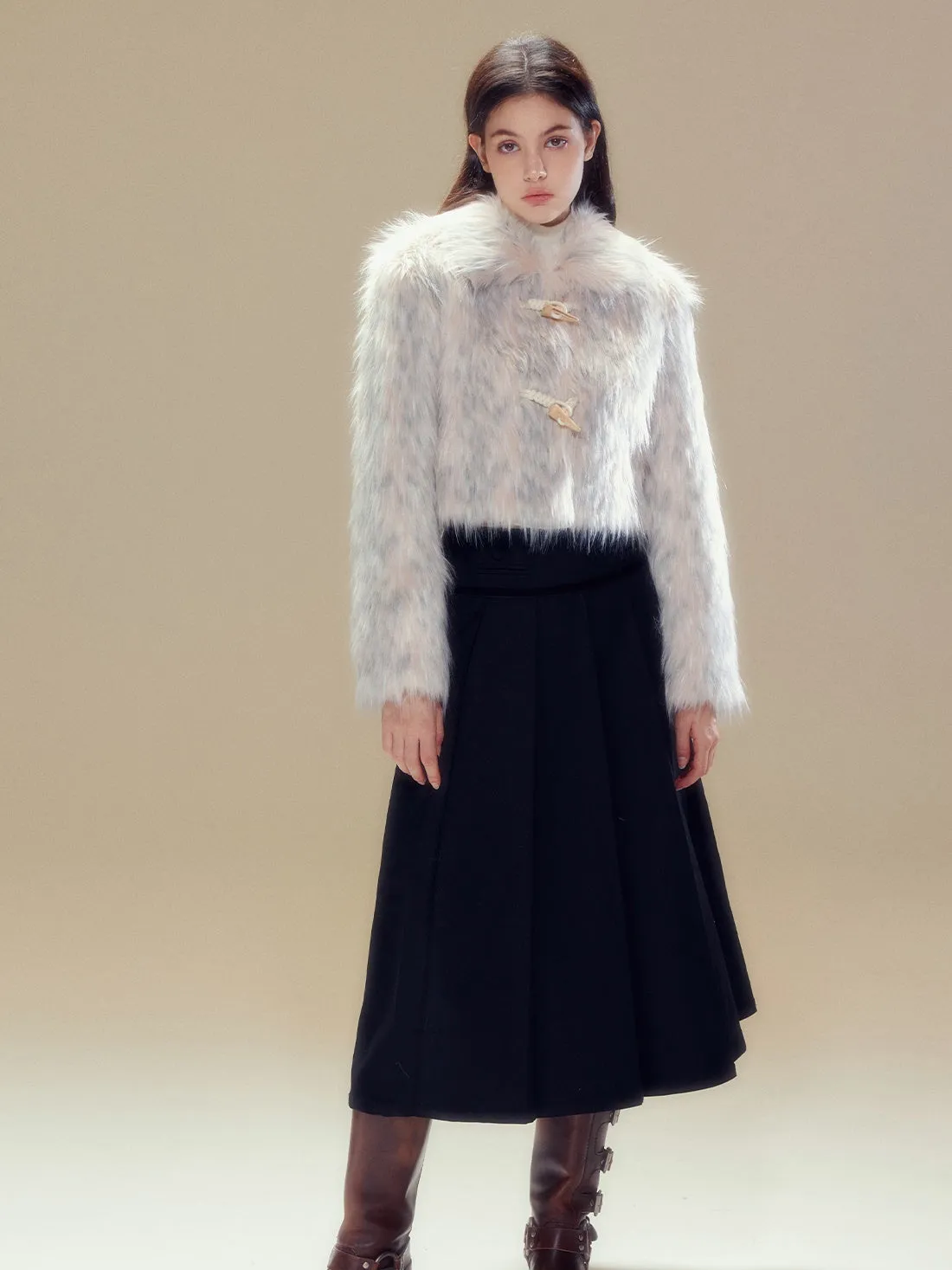 Long Hair Horn Button Friendly Fur Jacket & Box Pleated Skirt