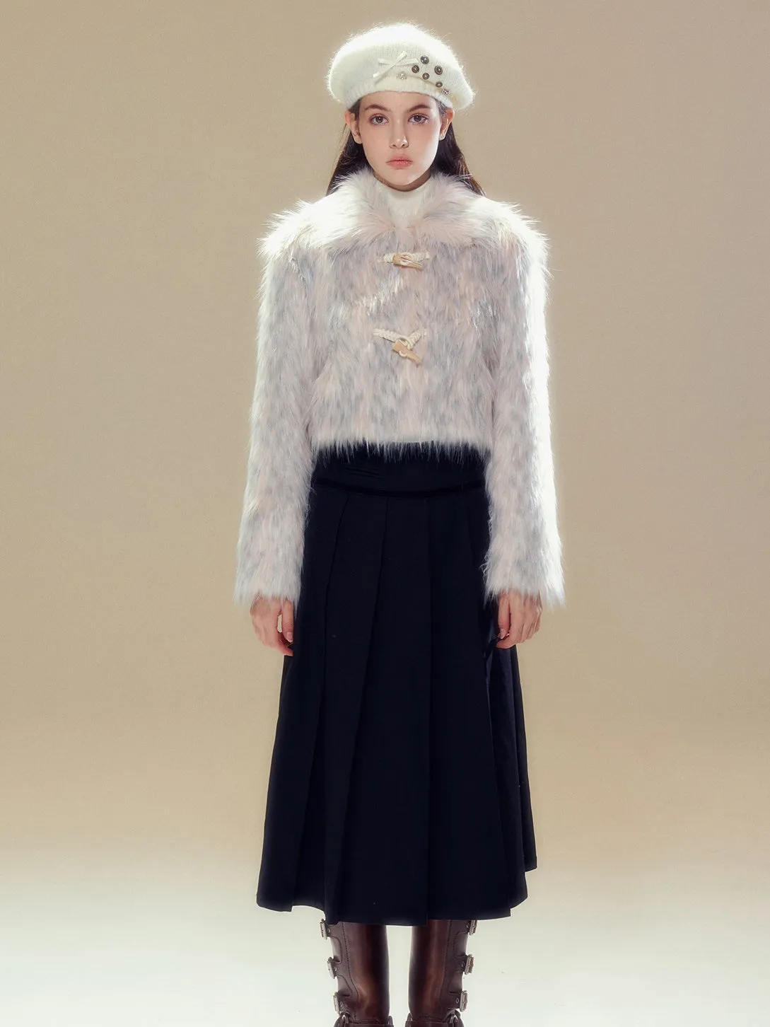 Long Hair Horn Button Friendly Fur Jacket & Box Pleated Skirt