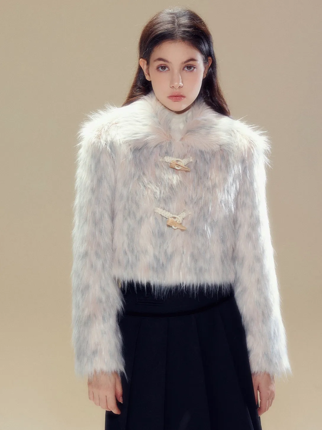 Long Hair Horn Button Friendly Fur Jacket & Box Pleated Skirt