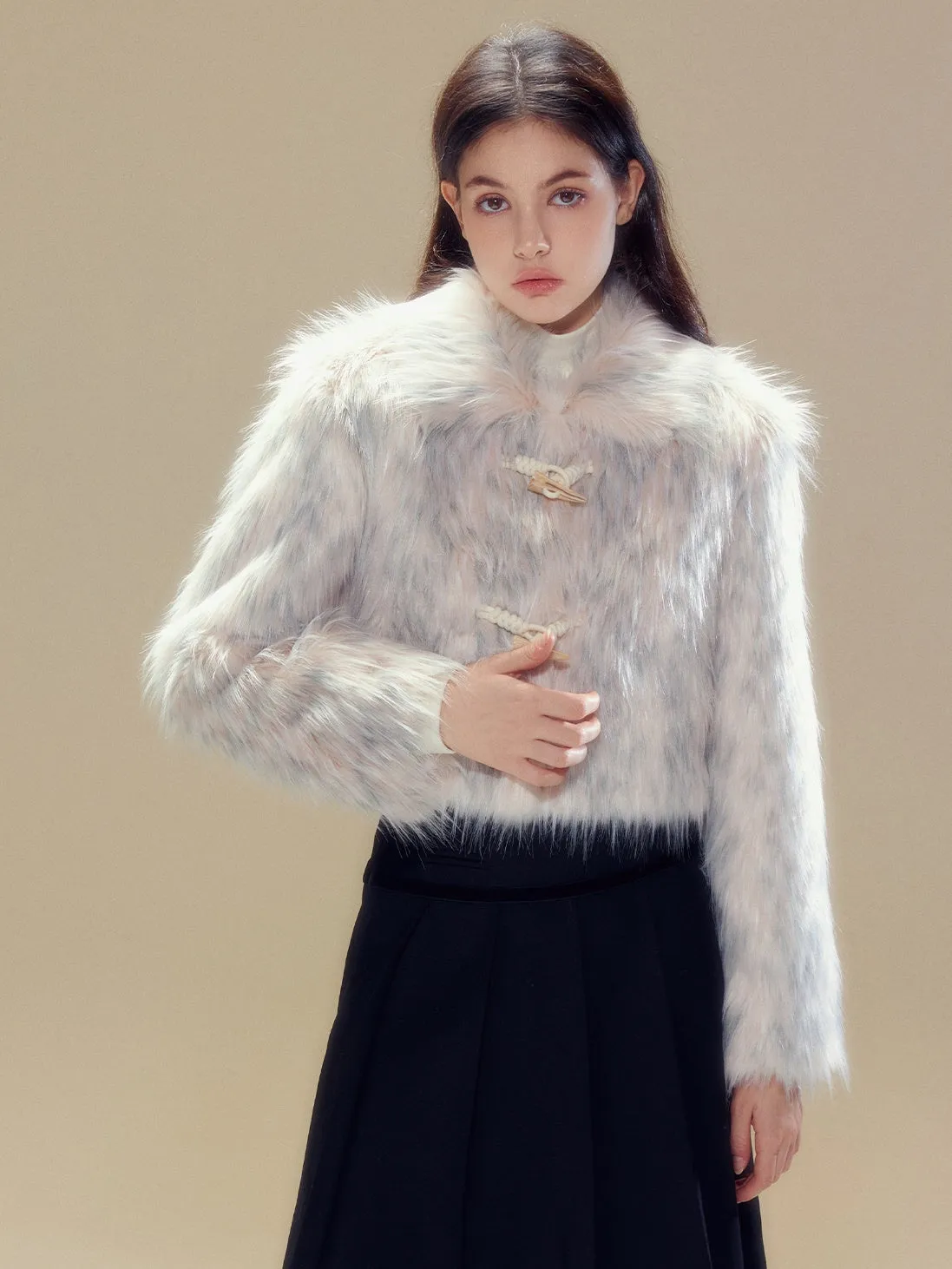 Long Hair Horn Button Friendly Fur Jacket & Box Pleated Skirt