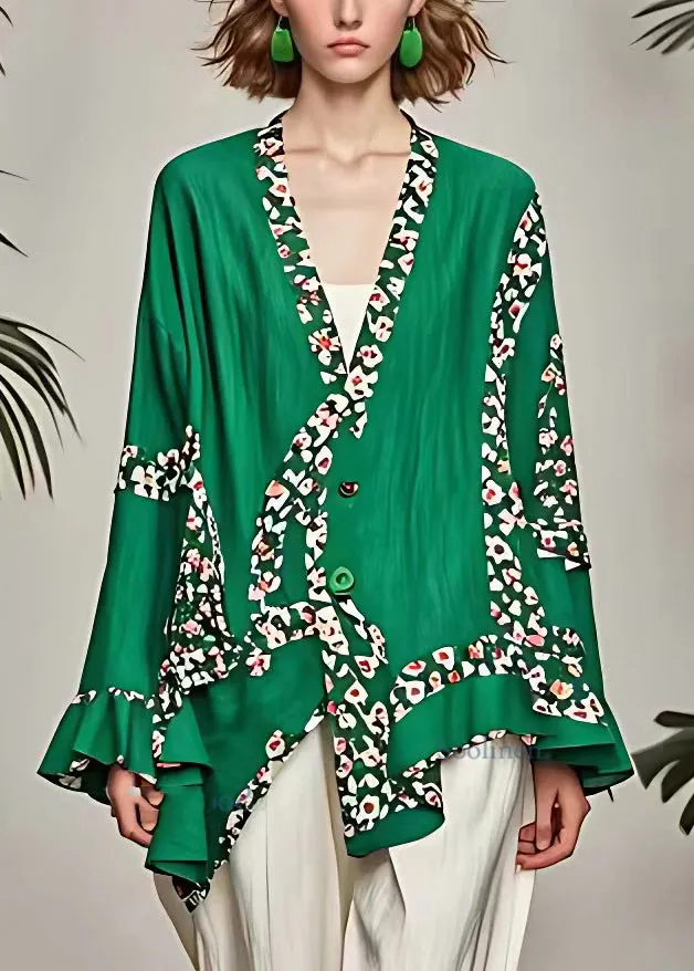 Loose Green Print Button Coat Long Sleeve