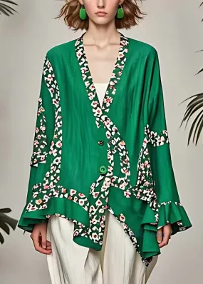 Loose Green Print Button Coat Long Sleeve