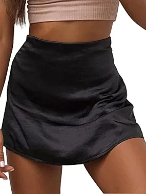 LYANER Women's Casual Satin Silk High Waist Zipper Mini Short Skirt Solid Black Small