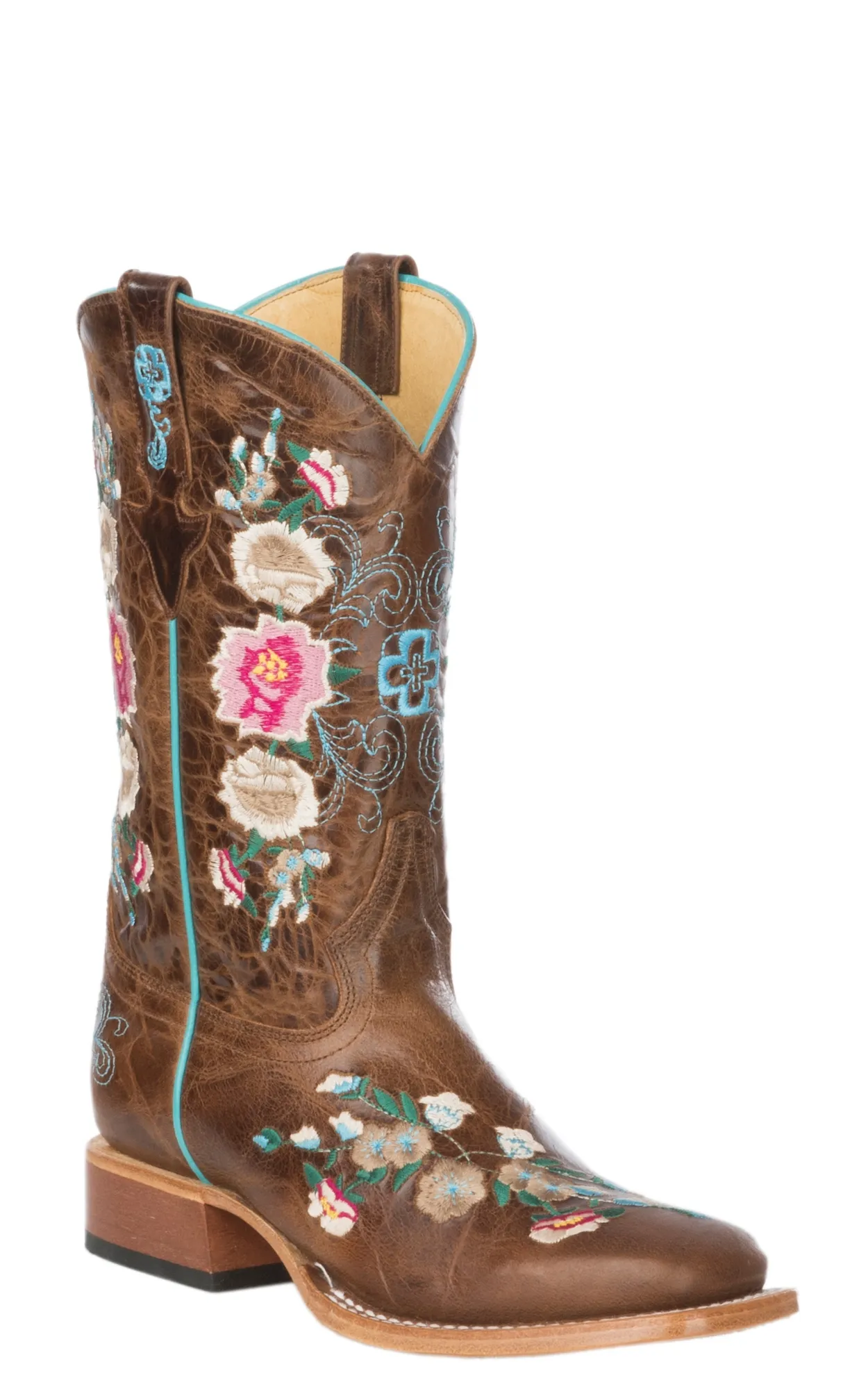 Macie Bean Kid's Antiqued Honey Brown with Rose Garden Embroidery Square Toe Cowboy Boots