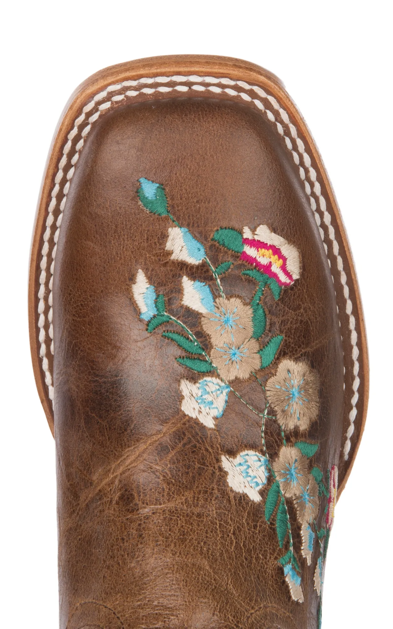 Macie Bean Kid's Antiqued Honey Brown with Rose Garden Embroidery Square Toe Cowboy Boots