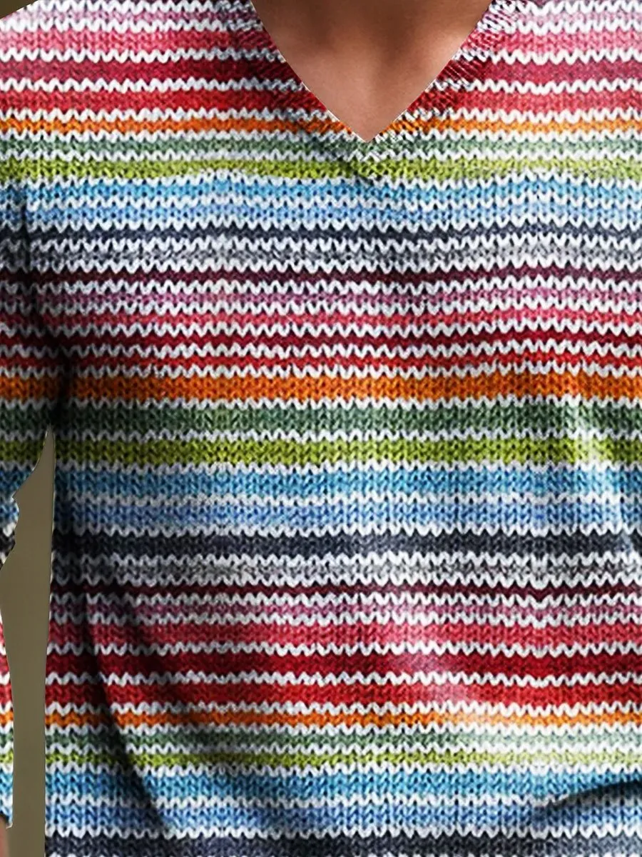 Men Rainbow Stripe Retro Bright Colourful Stripes Art V-Neck Lnit Long Sleeve Sweater