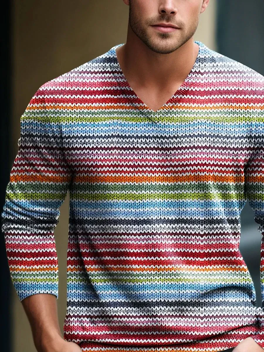 Men Rainbow Stripe Retro Bright Colourful Stripes Art V-Neck Lnit Long Sleeve Sweater