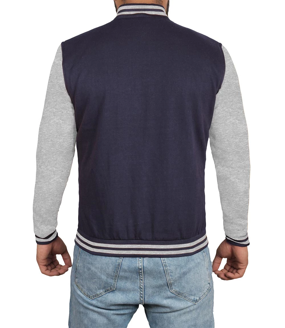 Men's Grey and Blue Varsity Jacket - Plain Bomber Style