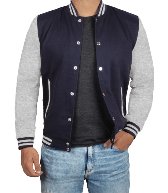 Men's Grey and Blue Varsity Jacket - Plain Bomber Style