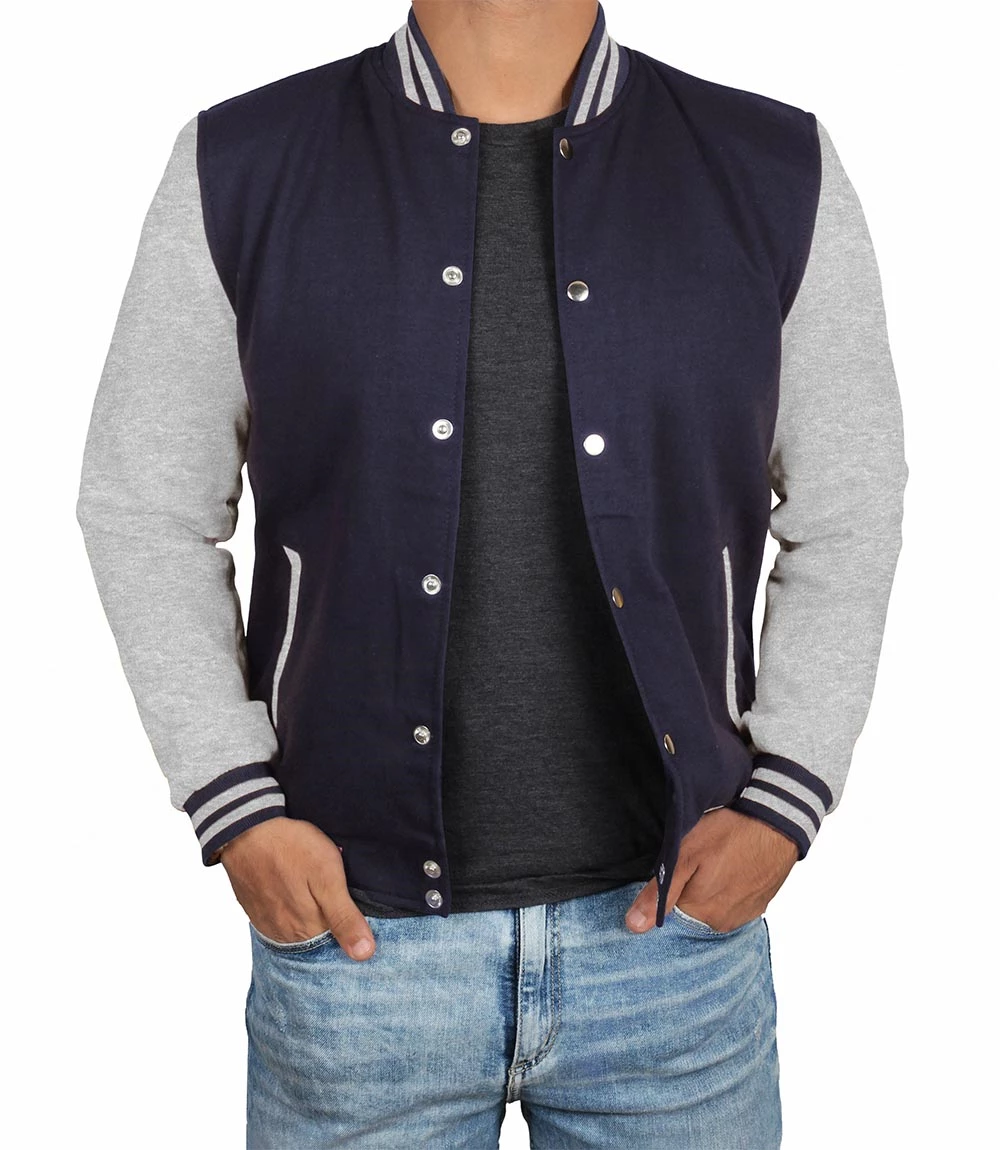 Men's Grey and Blue Varsity Jacket - Plain Bomber Style