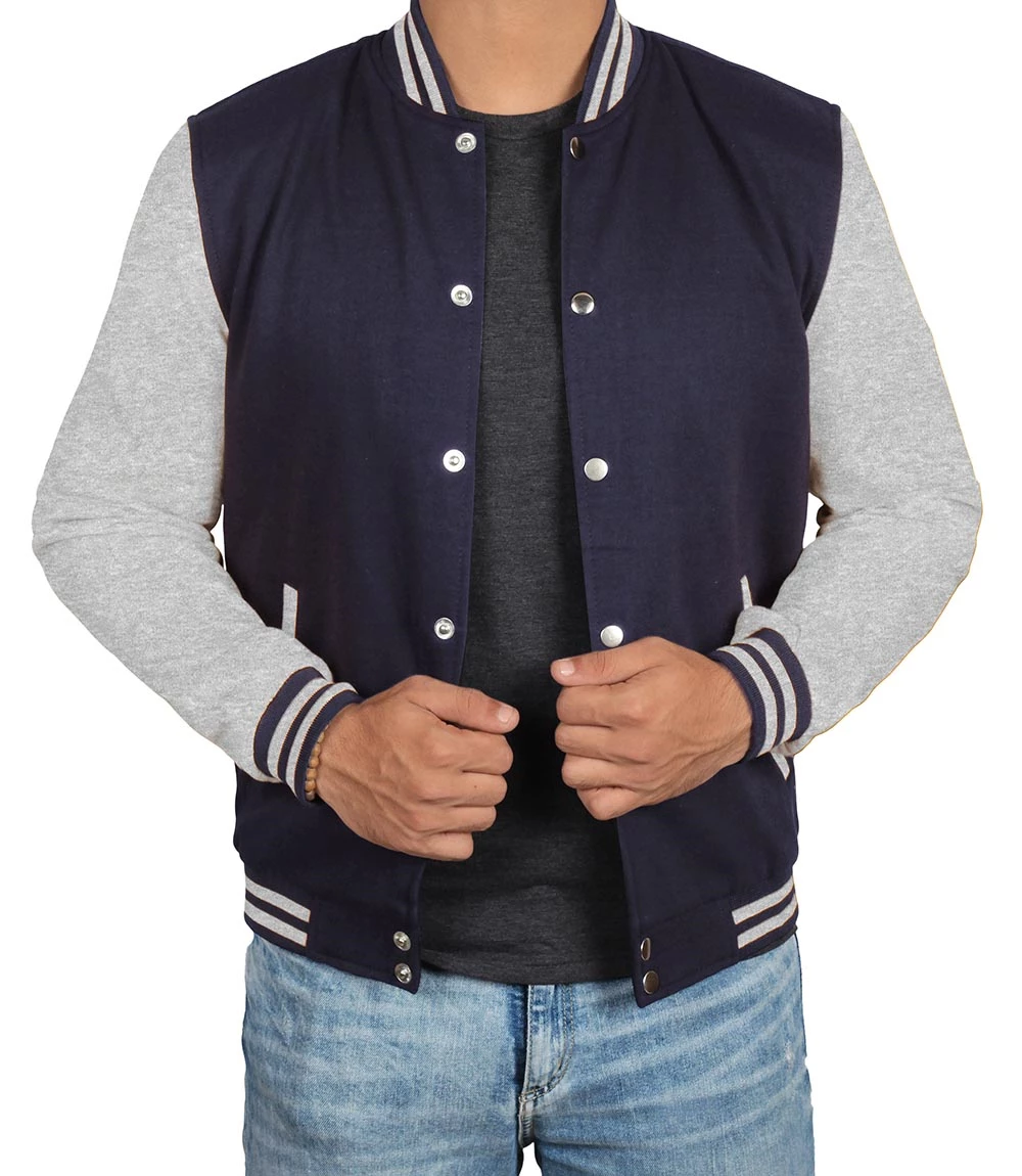 Men's Grey and Blue Varsity Jacket - Plain Bomber Style