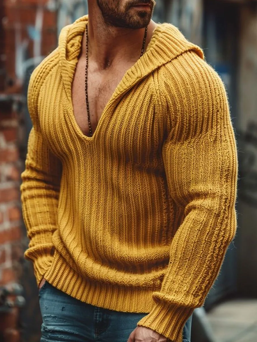 Men's Solid Color Knitted Jacquard Casual V-Neck Hooded Sweater