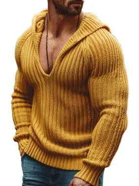 Men's Solid Color Knitted Jacquard Casual V-Neck Hooded Sweater