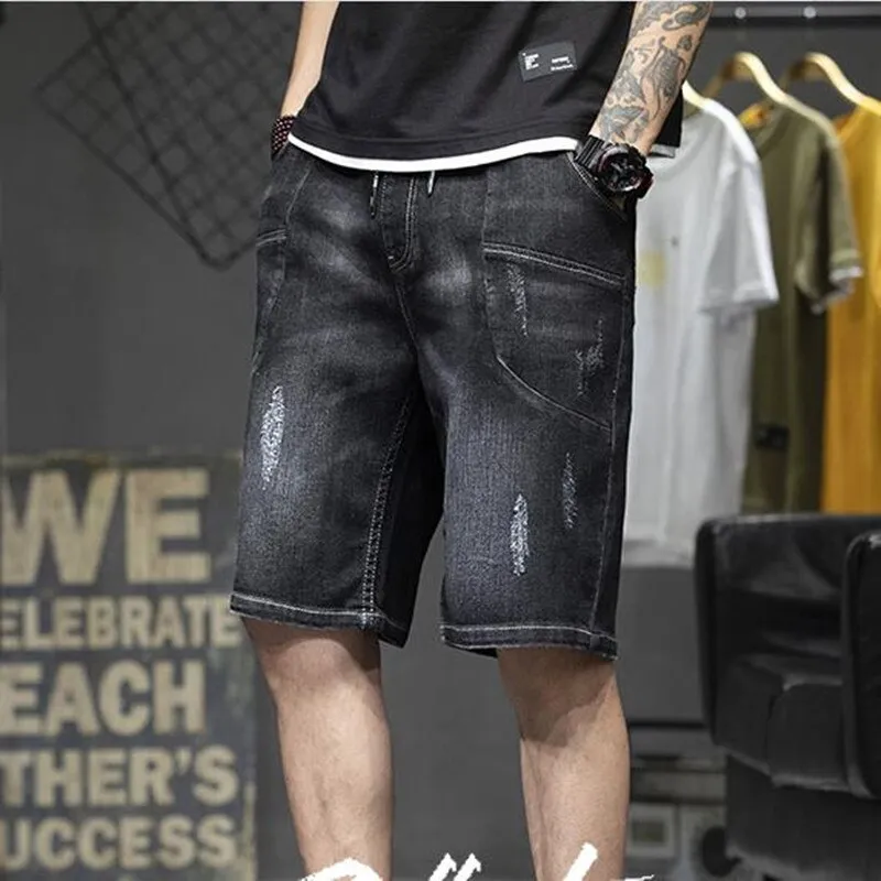 Men's Summer Elastic Waist Solid Pattern Baggy Denim Short Trousers