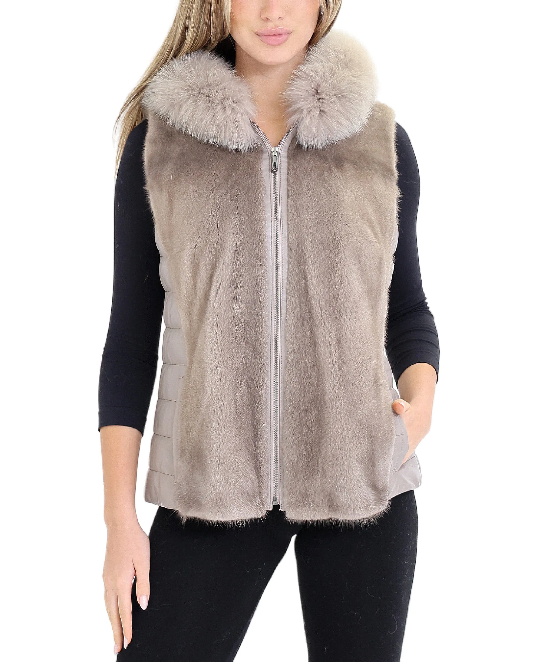 Mink & Leather Vest w/ Fox Trim Hood