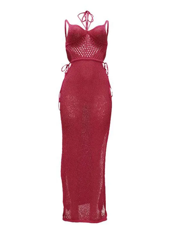 Momnfancy Rose Carmine Cut Out Spaghetti Strap Side Slit Crochet Beach Baby Shower Maternity Maxi Dress