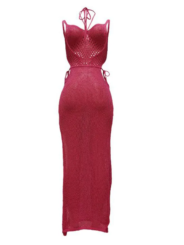 Momnfancy Rose Carmine Cut Out Spaghetti Strap Side Slit Crochet Beach Baby Shower Maternity Maxi Dress