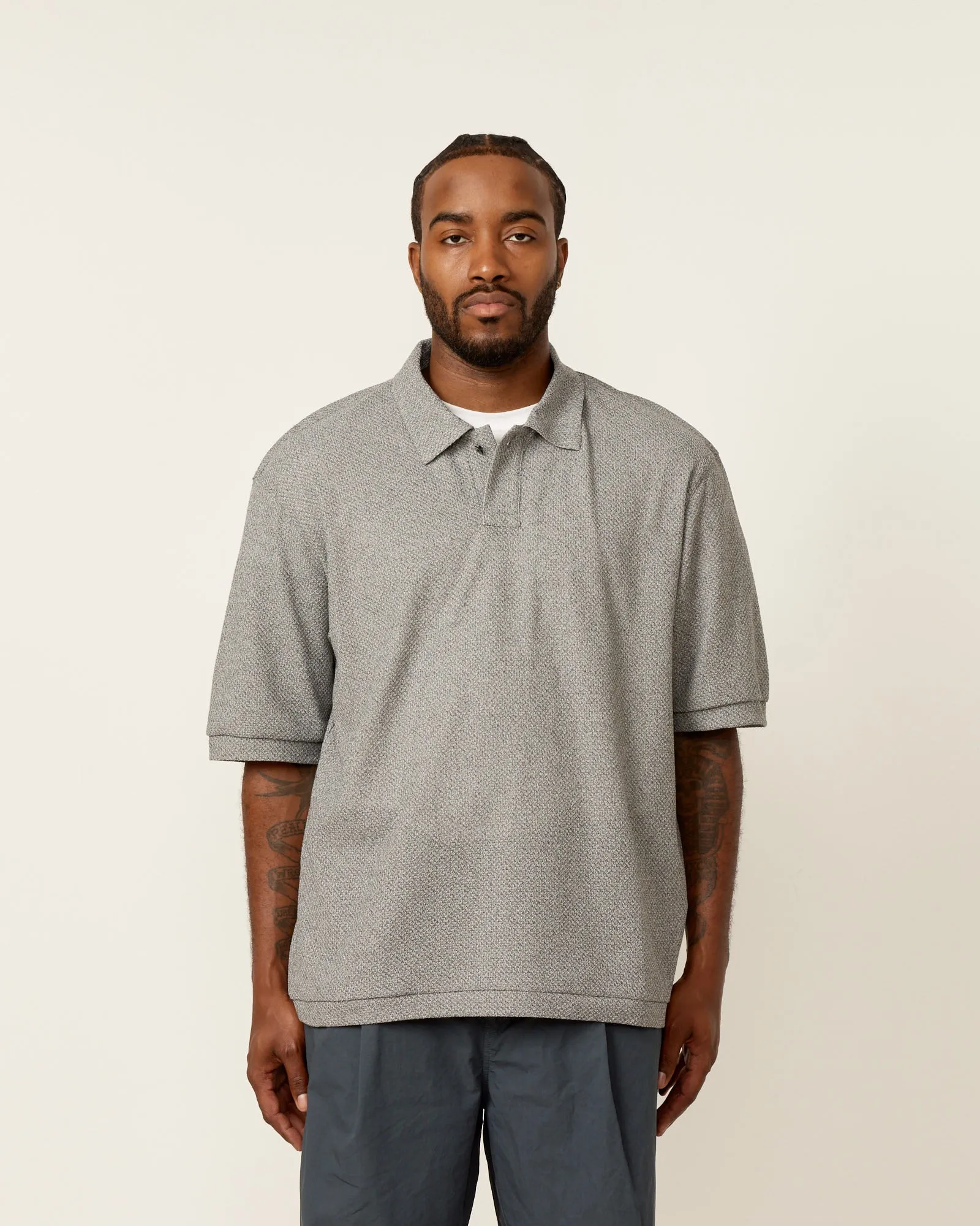 Moss Stitch Polo Shirt in Melange Grey