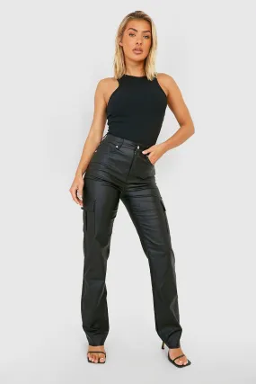 Pu Coated Denim High Waisted Cargo Jeans