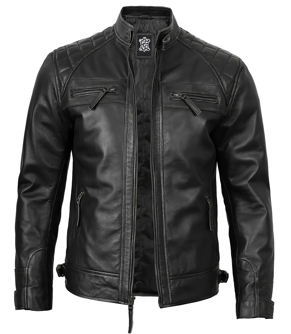 Real Leather Classic Men's Black Cafe Racer Biker Jacket