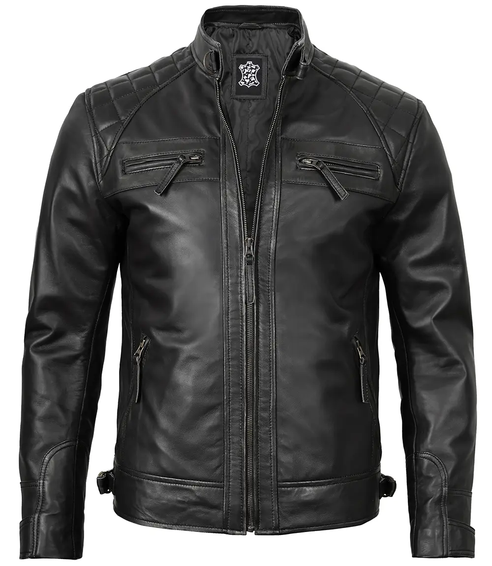 Real Leather Classic Men's Black Cafe Racer Biker Jacket