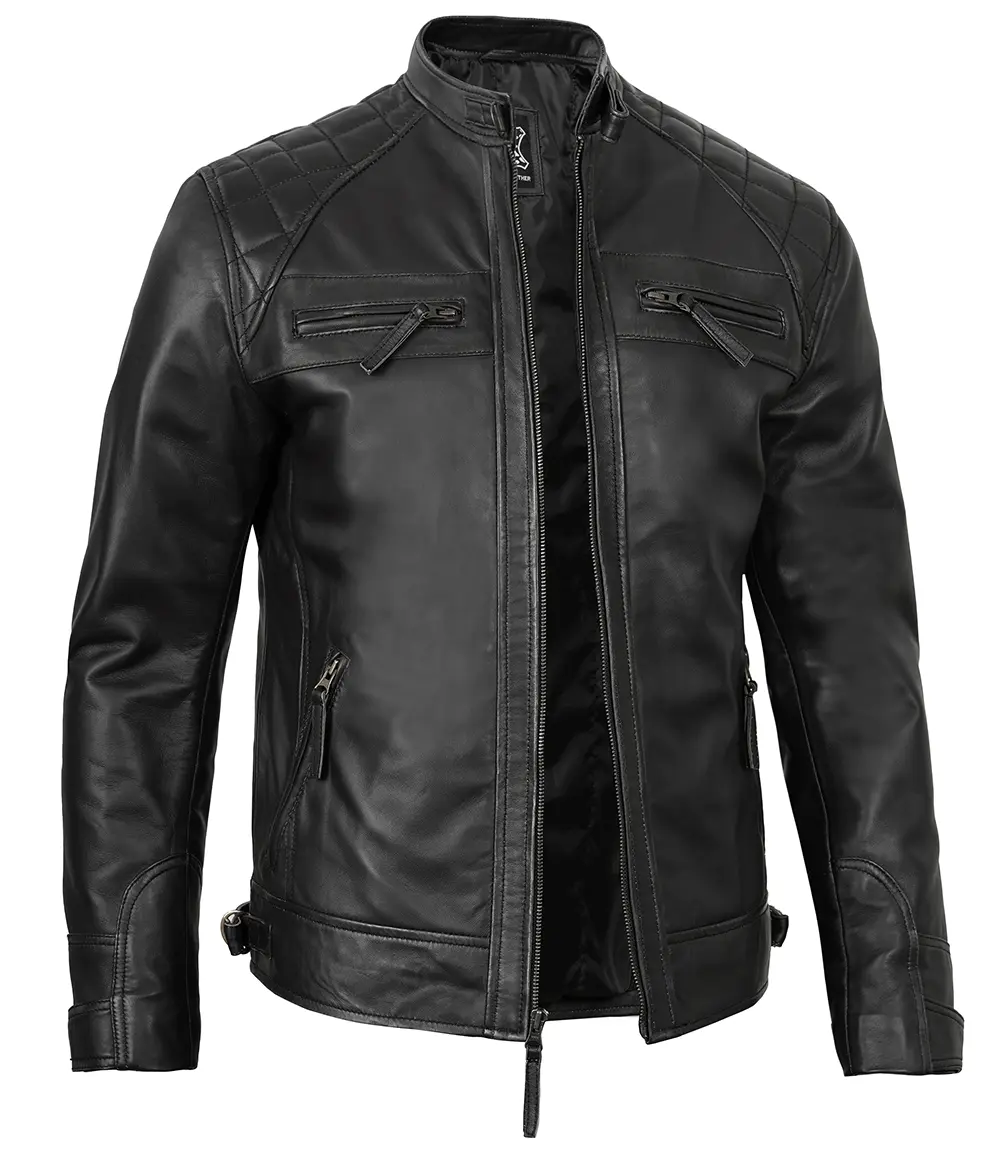 Real Leather Classic Men's Black Cafe Racer Biker Jacket