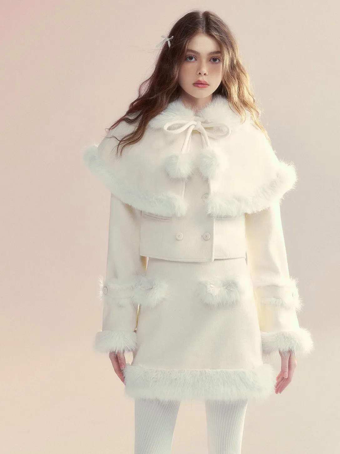 Retro Fur Collar Cloak Coat & A-Line Skirt