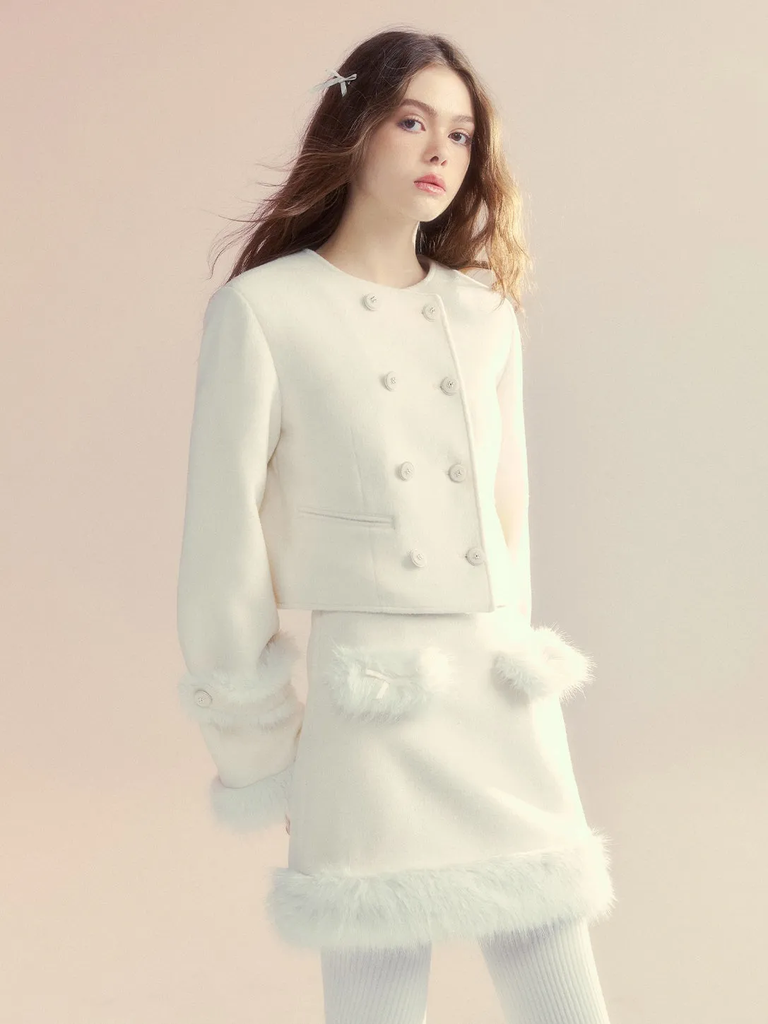 Retro Fur Collar Cloak Coat & A-Line Skirt