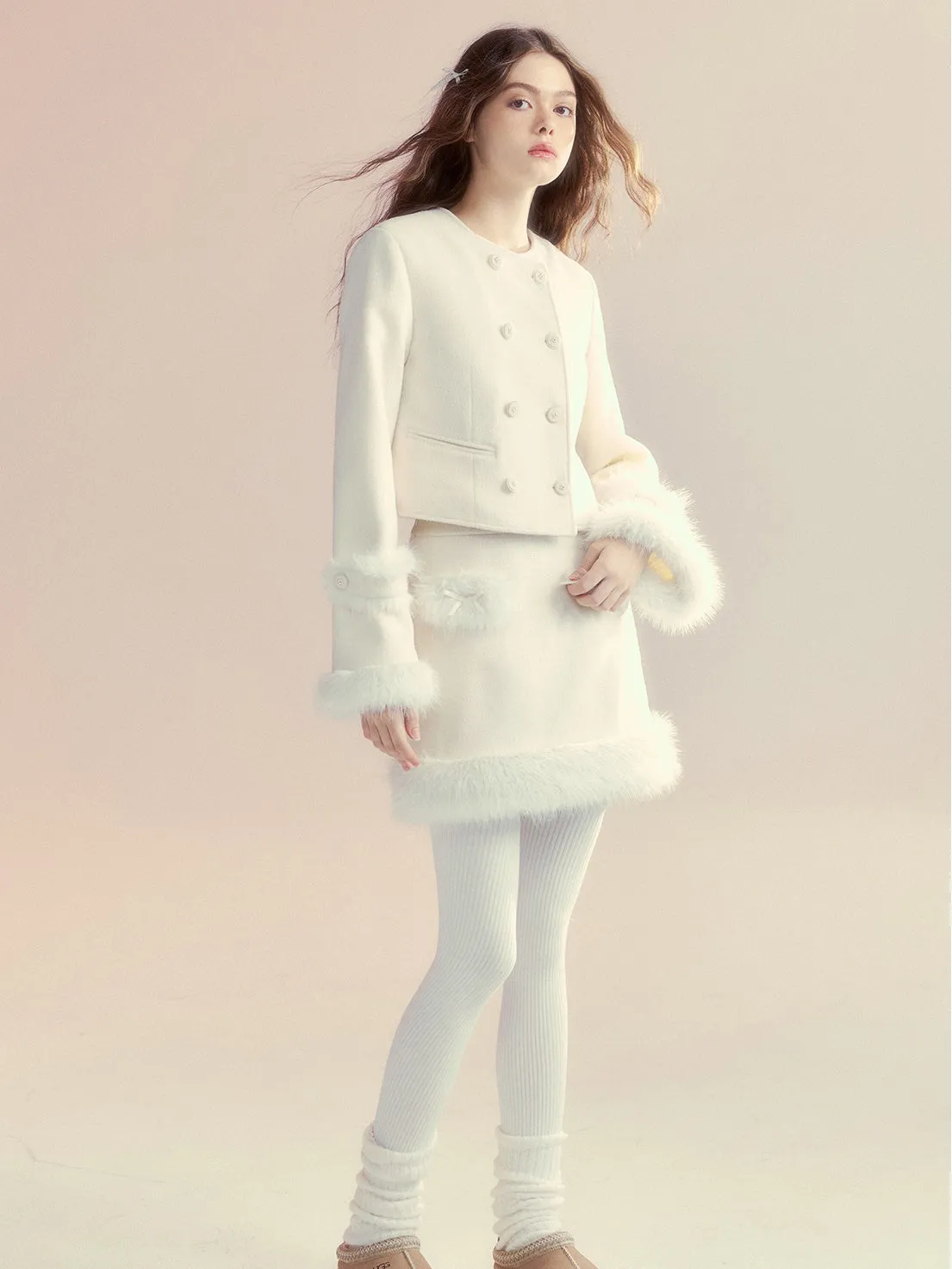 Retro Fur Collar Cloak Coat & A-Line Skirt