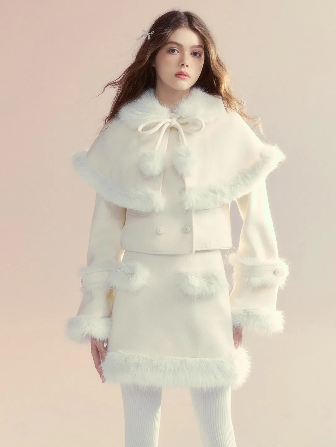 Retro Fur Collar Cloak Coat & A-Line Skirt