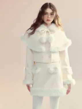 Retro Fur Collar Cloak Coat & A-Line Skirt