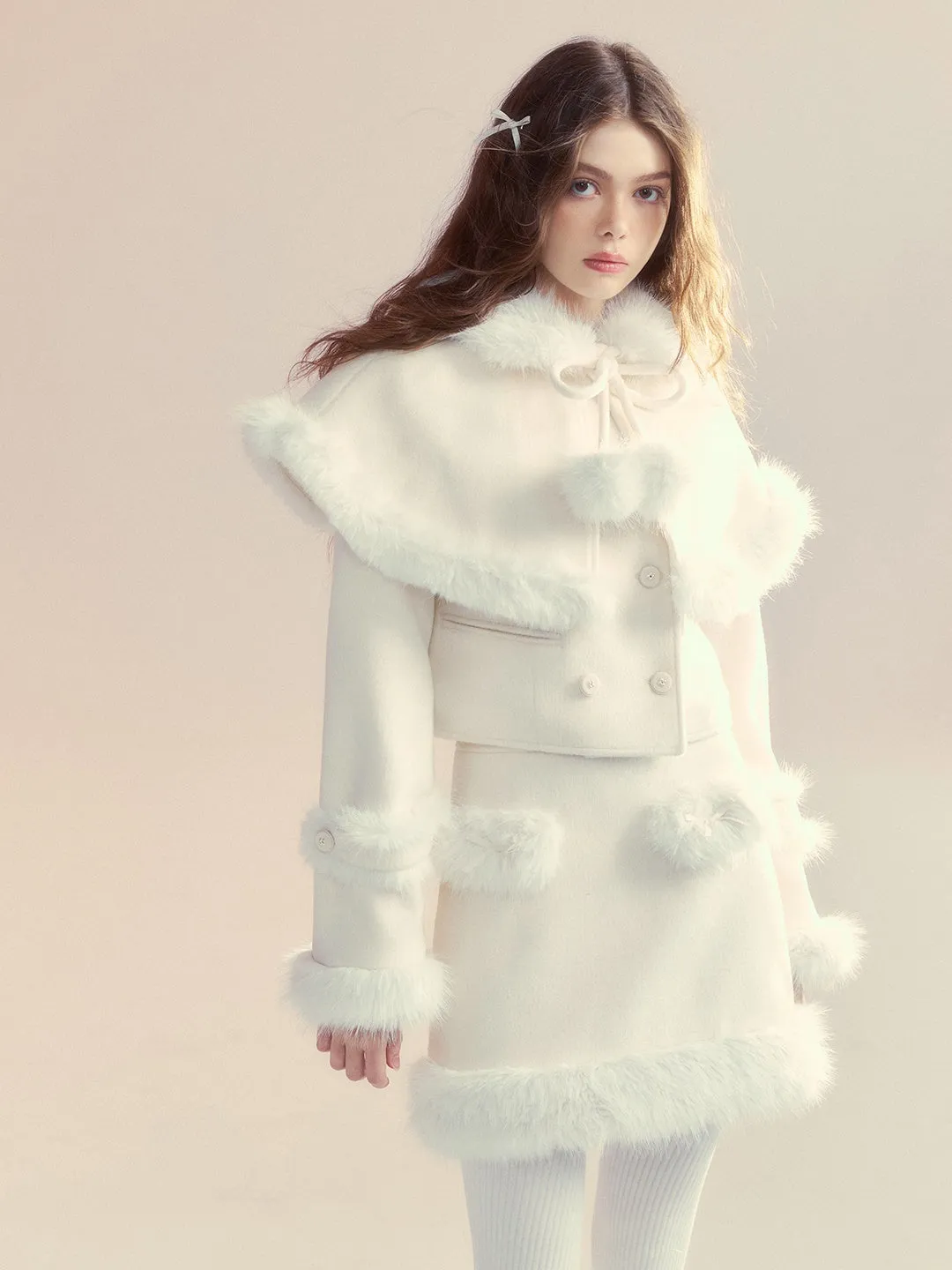 Retro Fur Collar Cloak Coat & A-Line Skirt