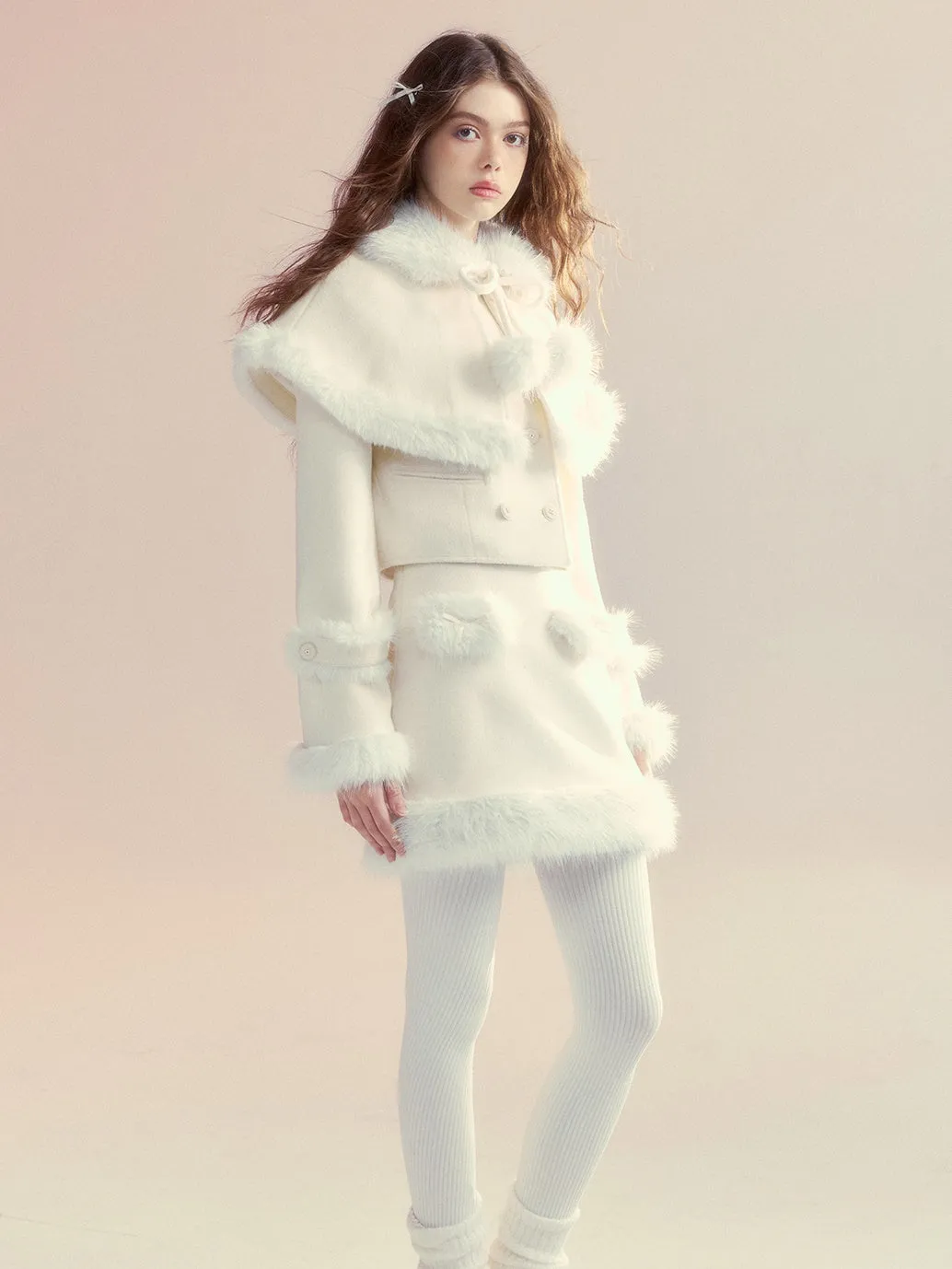 Retro Fur Collar Cloak Coat & A-Line Skirt