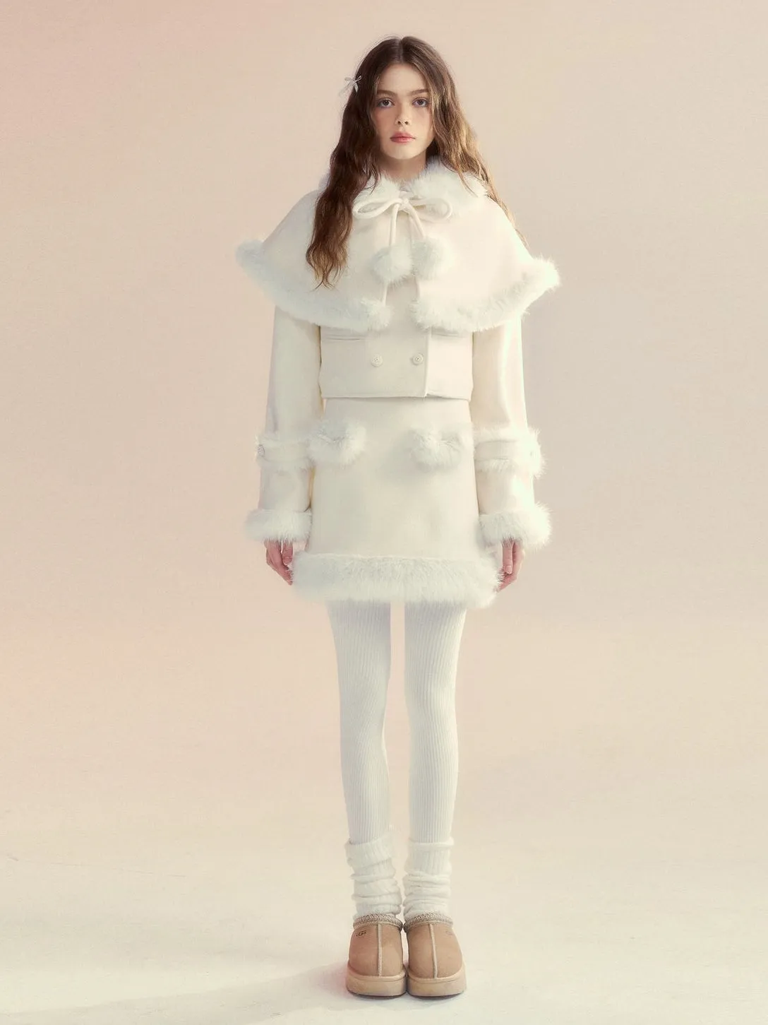 Retro Fur Collar Cloak Coat & A-Line Skirt