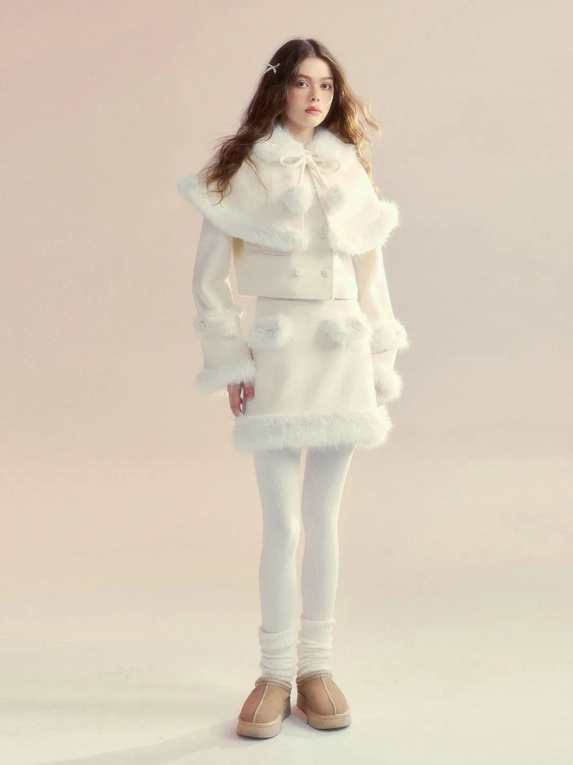 Retro Fur Collar Cloak Coat & A-Line Skirt