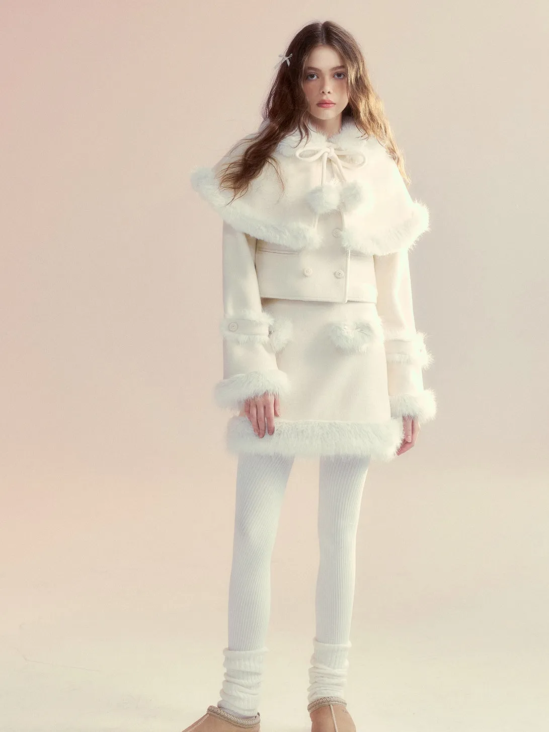 Retro Fur Collar Cloak Coat & A-Line Skirt