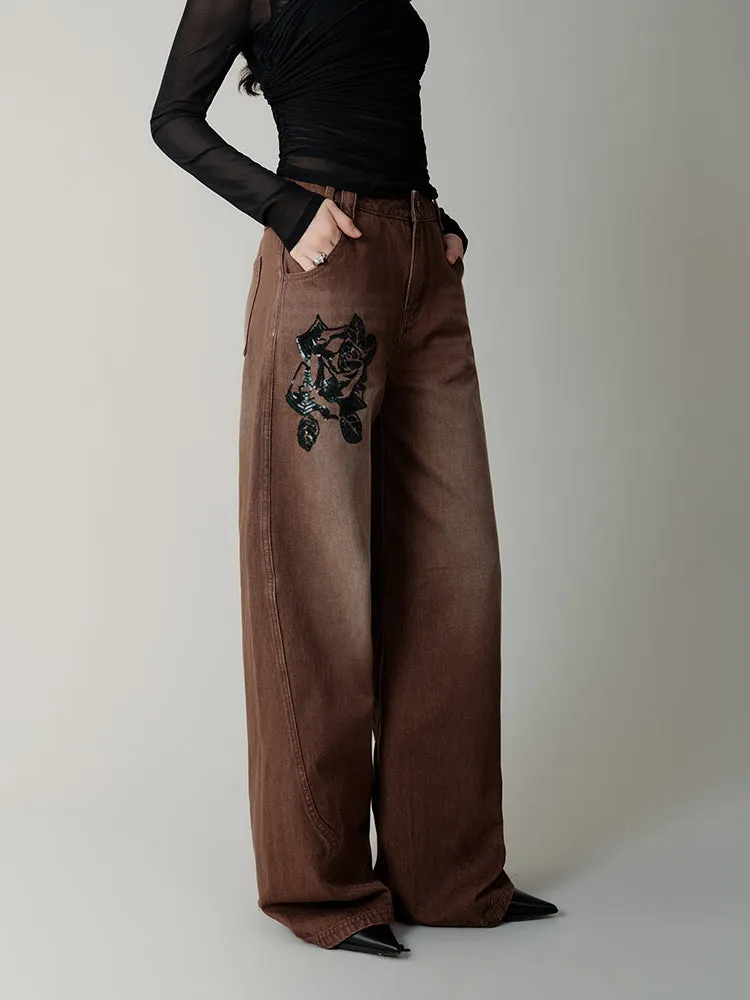 Rose Sequin Embroidery Diagonal Split Washed Jeans