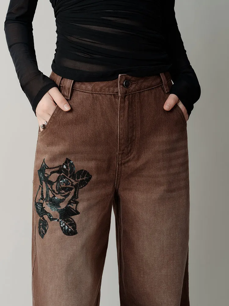 Rose Sequin Embroidery Diagonal Split Washed Jeans