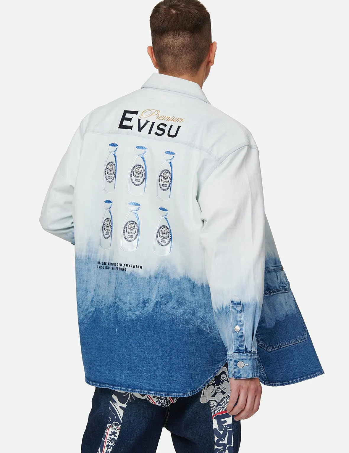 Sake Bottle Embroidered Tie-dye Denim Shirt Jacket